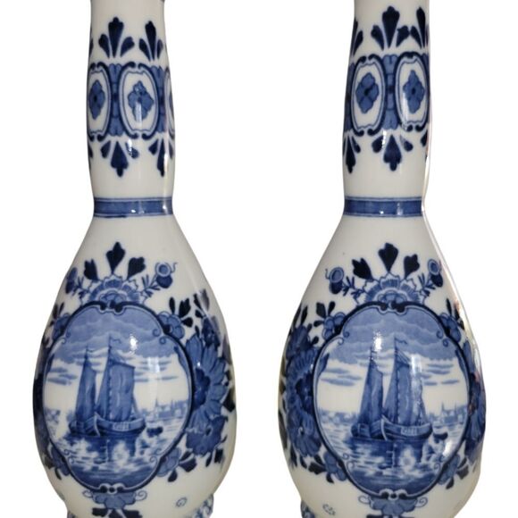 Vintage Delft set of 11" Dutch vases, ship in harbor, ceramic vases - Picture 2 of 8